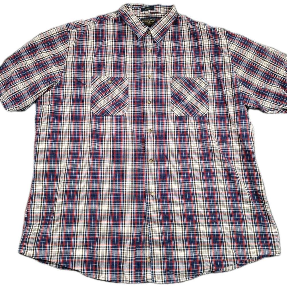 Pendleton Shirt Men's 2XL Blue Plaid Button Down Cotton Lightweight Short Sleeve